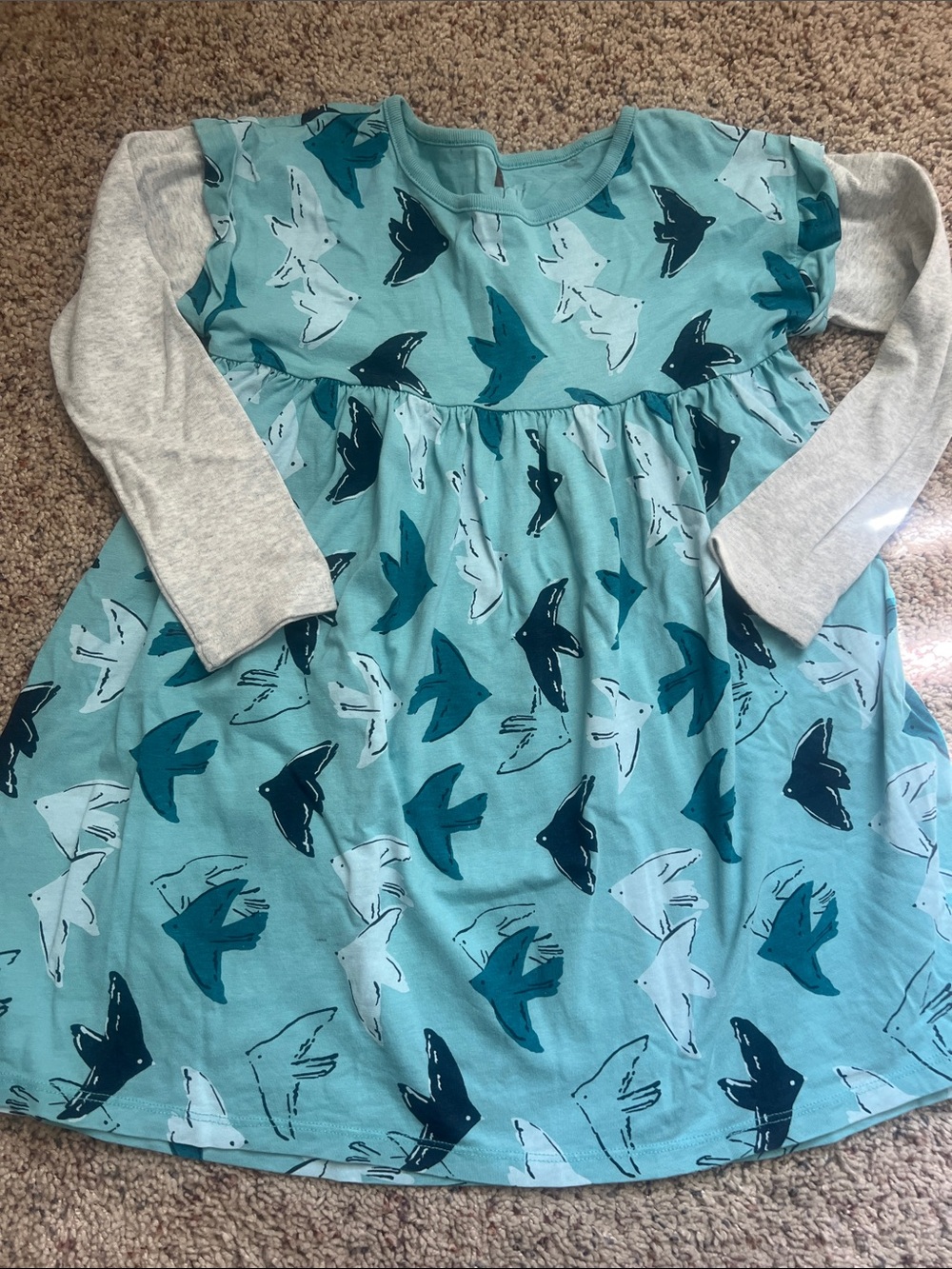Tea Collection Teal Bird-Print Dress with Gray Sleeves